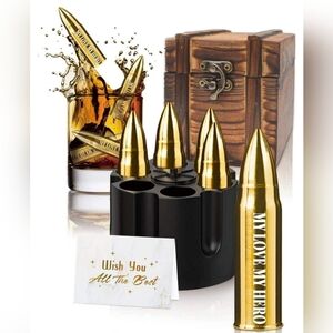 Bullet Shaped Stones Gift Set for Men with Vintage Wooden Case, Metal Stainless
